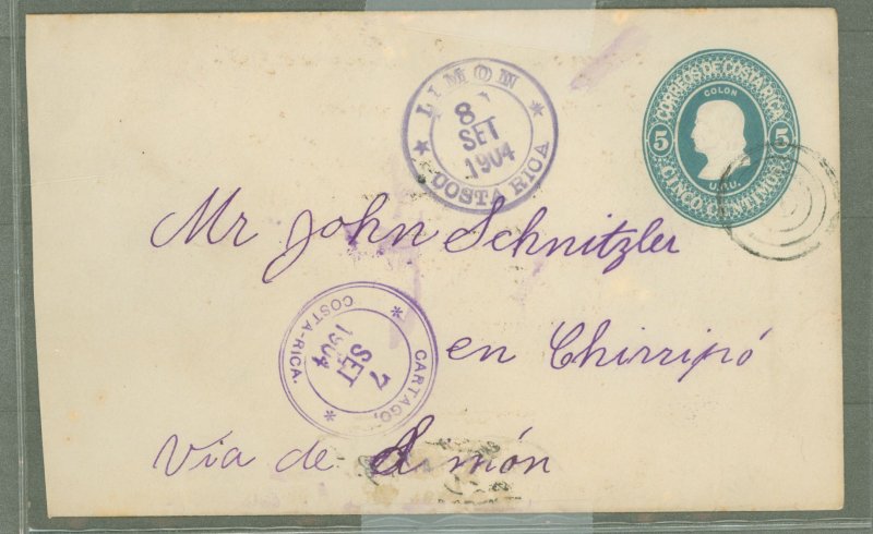 Costa Rica  1904 5c blue envelope; used from Cartago via Limon.