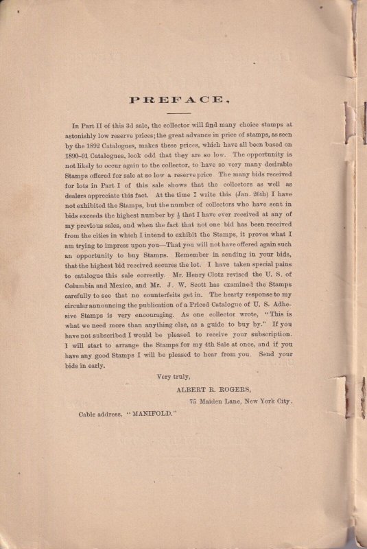 Vintage 1892 Auction Catalog, Albert Rogers, Reviewed by J Walter Scott, no P/R