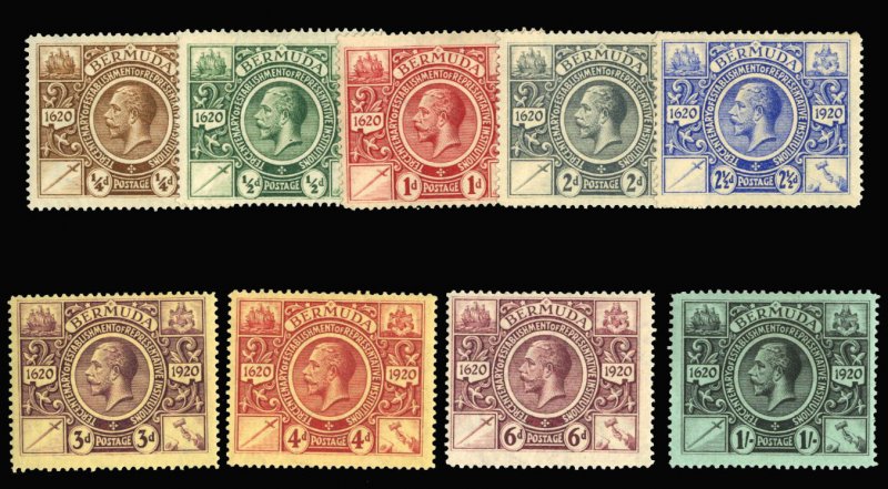 Bermuda #71-79 Cat$120, 1921 George V, complete set, hinged, 1p thin