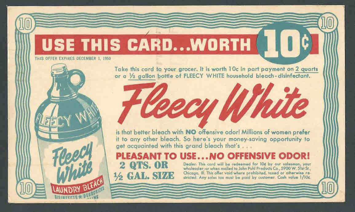1950 Fleecy White Laundry Bleach Discount Card Hipstamp