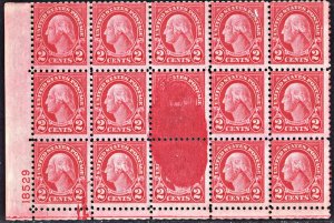 SC#583 2¢ Washington Plate Block of Fifteen: Printer Fault (1924) MH*