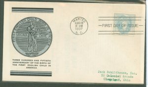 US 796 1937 virginia dare commemorative single on an addressed fdc with a linprint cachet