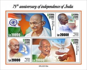 Sierra Leone - 2022 Independence of India & Gandhi - 4 Stamp Sheet - SRL220136a