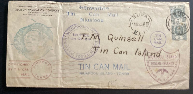 1936 Suva Fiji Matson Co Tin Can Canoe Mail cover To Niuafoou Tonga Toga