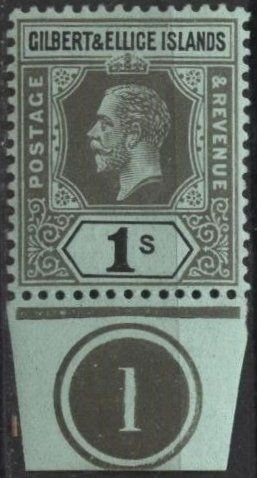 Gilbert & Ellice 22 (mlh) 1sh George V, black on green paper (1912)