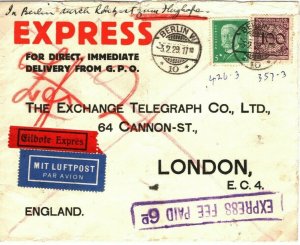 GERMANY Cover Berlin Large *EXPRESS FEE PAID 6d* Air Mail GB London 1929 22b.2