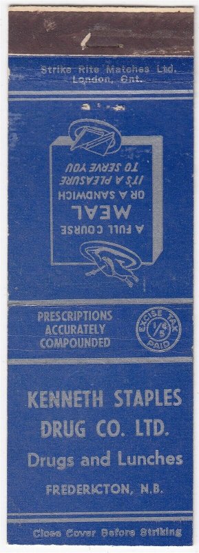 Canada Revenue 1/5¢ Excise Tax Matchbook KENNETH STAPLES DRUG CO. LTD.