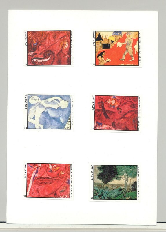 Grenada #1441//1480 Chagall Art 19v Imperf Proofs from set on 3 Cards