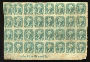 Confederate States 13 Archer & Daly Imprint Block of 32 Stamps