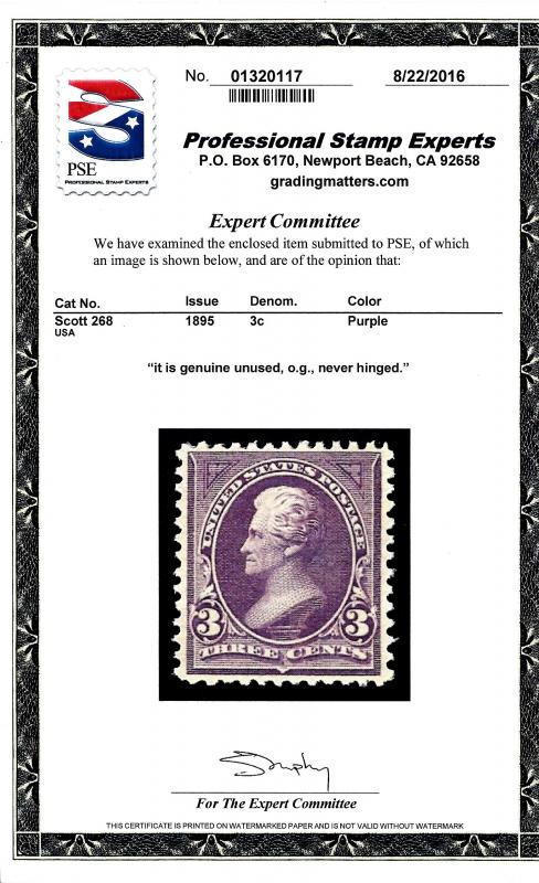 U.S. #268 Mint,OG,NH... SCV $115.00... PSE Cert