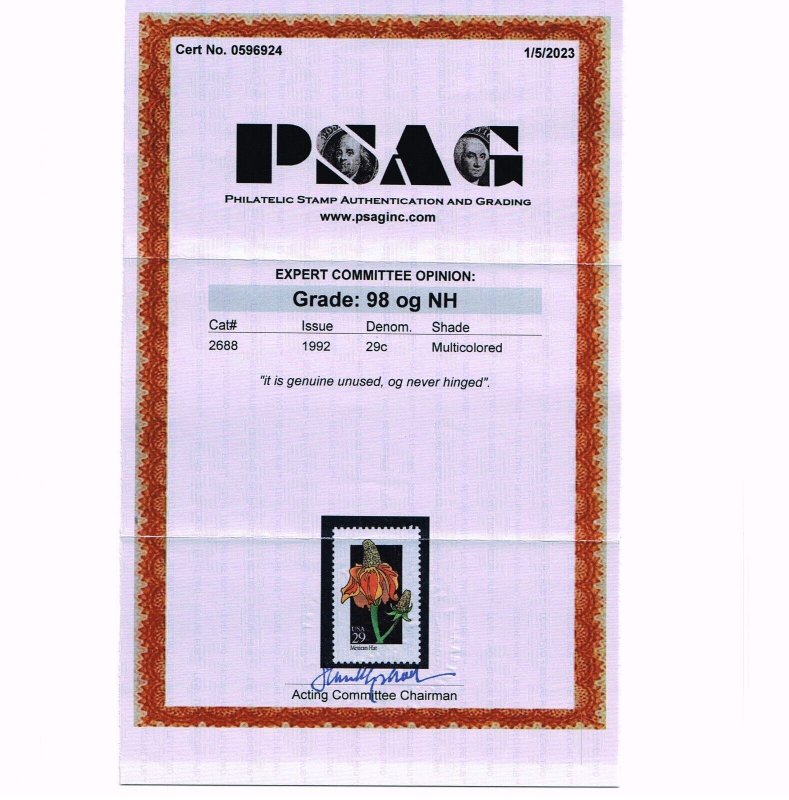 EXCEPTIONAL GENUINE SCOTT #2688 MINT PRISTINE OG NH PSAG CERT GRADED SUPERB-98