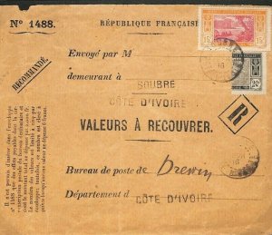 IVORY COAST Cover *BISECT RARITY* 1916 France Colonies Variety {samwells}F07a