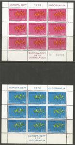 YUGOSLAVIA  1100-1101  MNH, TWO SHEETS OF 9 STAMPS,  EUROPA 1972