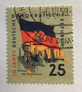 Germany DDR 1959 Scott 460 used - 25pf,  DDR' 10th Anniv, Flag & Chemist...