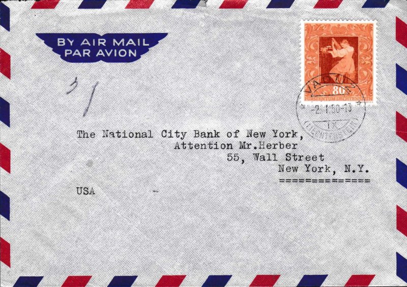 Liechtenstein 1950 Zum. 223 80rp. Single Frank use Air Mail Cover to New York.