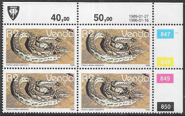 South Africa - Venda  #148   2r  Reptiles Blk of 4 (MNH) CV $18.00