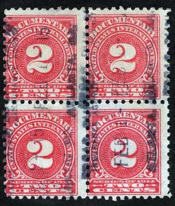 R197 2¢ Documentary Stamp Block of Four (1914) Used