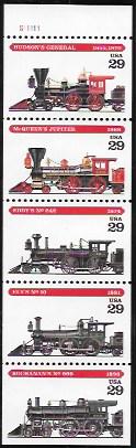 US #2843-2847  MNH Booklet strip of 5  Locomotives