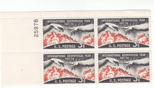 Scott # 1107 - 3c Black & Orange- Geophys. Year Issue - plate block of 4 - MNH