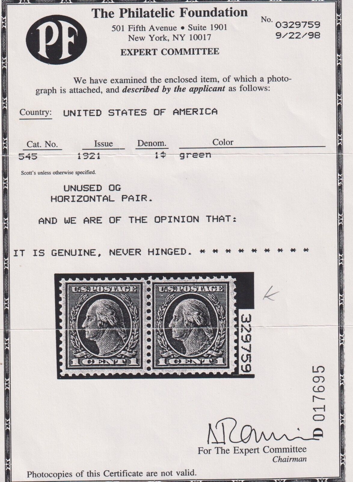 545 F-VF+ OG with PF cert sound mint never hinged nice color ! see pic ...