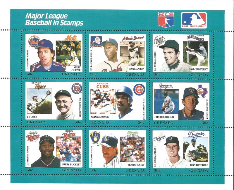 J) 2017 GRENADA,  MAJOR LEAGUE BASEBALL IN STAMPS, ROBERTO CLEMENTE, CAL RIPKEN,