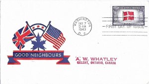 1943 FDC, #920, 5c Overrun Country - Denmark, patriotic (neighbors)