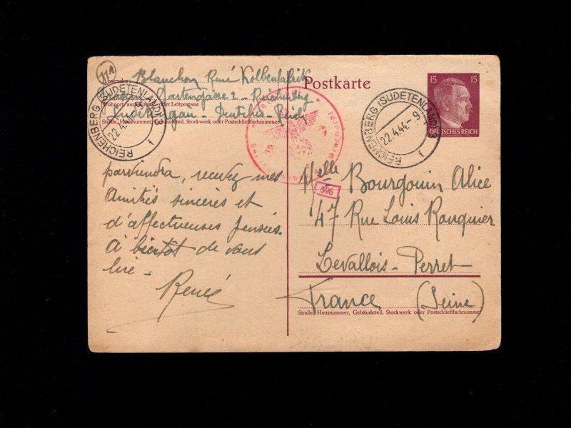 Germany French Foreign Worker to France Uncommon Censor Reichenberg Postal 1h