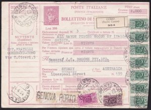 ITALY 1954 stamped parcel card Como to Australia...........................B2786