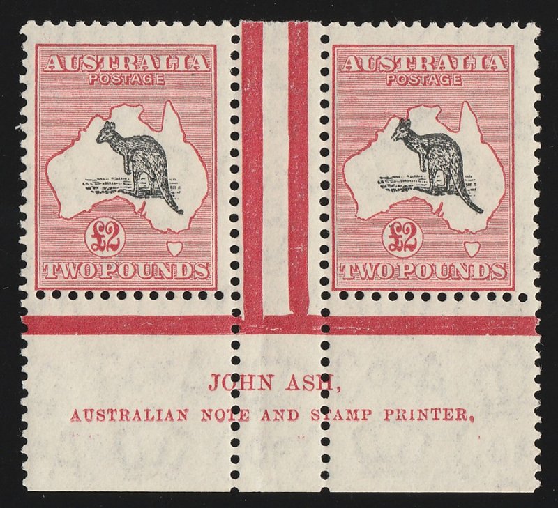 AUSTRALIA 1931 Kangaroo £2 Imprint pair VARIETY OPEN MOUTH C of A wmk cat $25000 