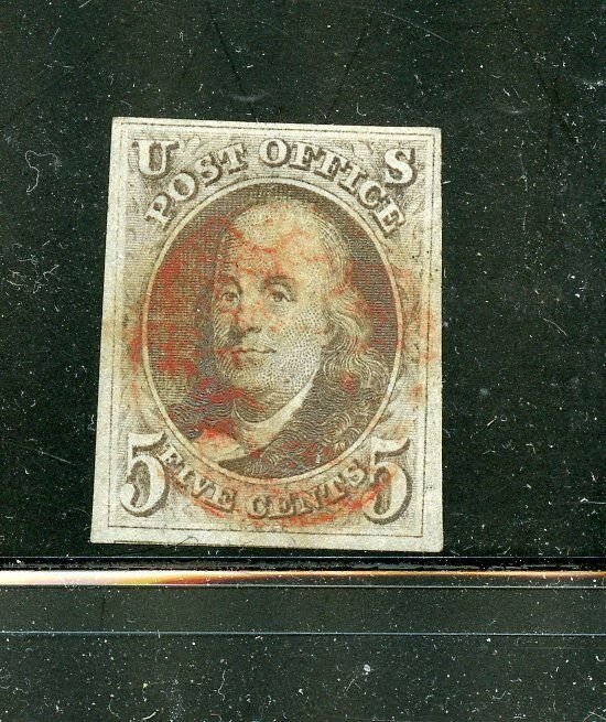 UNITED STATES SCOTT#1 5c BENJAMIN FRANKLIN RED GRILL CANCEL VF+ 4 MARGIN COPY