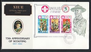 Niue, Scott cat. 375. 75th Scout Anniversary s/sheet. First day cover. ^