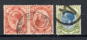 South Africa 1920 1 1/2d tete-beche horiz pair and 1913-24 10s SG 5a and 16 FU