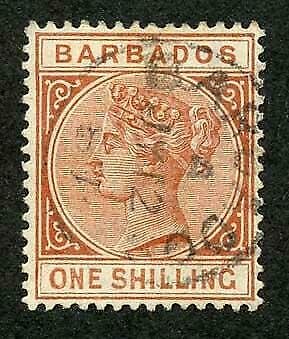 Barbados SG102 1/- Chestnut Fine used Cat 21 pounds