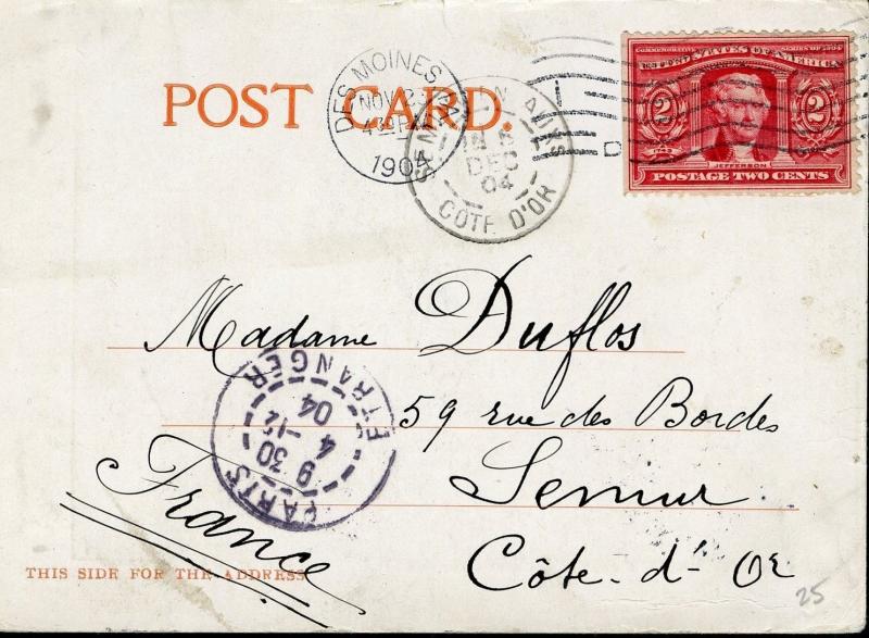 US DES MOINES, IA 11/23/1904 2C PICTURE POSTCARD TO COTE D'OR FRANCE AS SHOWN