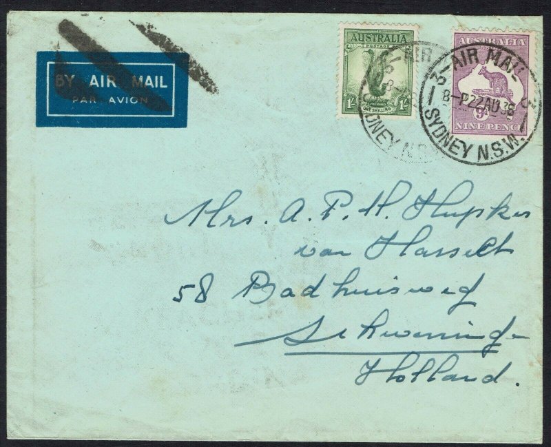 AUSTRALIA 1936 KANGAROO 9D & LYREBIRD 1/- ON AIRMAIL COVER TO HOLLAND