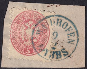 Austria - 1864 - Scott #24 - used on piece - blue WAIDHOFEN a/d YBBS pmk