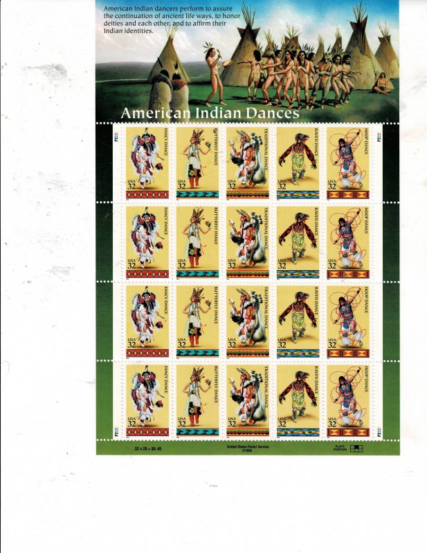 American Indian Dances 32c US Postage Sheet #3072-76 VF MNH