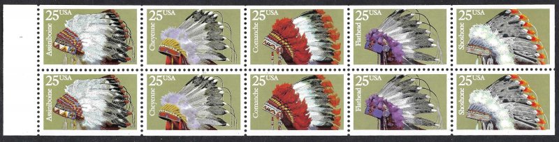 United States 2505a 25¢ Indian Headdresses (1990). Booklet pane of 10. MNH
