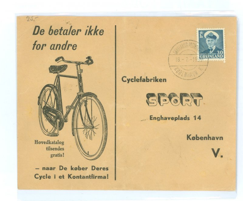 Greenland 33 1953 Advertising/printed illustrated bicycle sent to Copenhagen, Denmark.