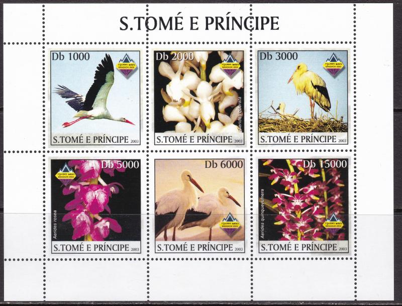 Sao Tome and Principe, Fauna, Birds, Flowers, Orchids MNH / 2003