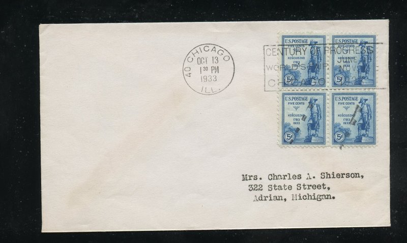 US 734 Blk Kosciuszko 5 cent issue addr no-cachet FDC