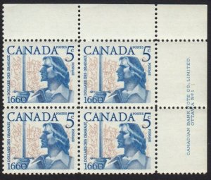 HISTORY - BATTLE OF LONG SAULT = Canada 1960 #390 MNH UR BLOCK of 4 PLATE #1