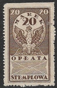 POLAND 1920 20m Perf. 14 1/2 General Duty Revenue Bft.21 Used