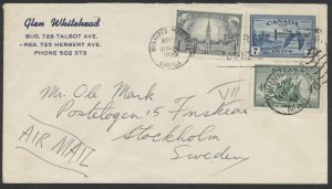1949 Foreign Destination Cover Winnipeg MAN to Sweden 15c Airmail Rate