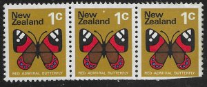 New Zealand #439 strip of 3 unused, no glue. Red Admiral Butterfly. *Perf cut BR