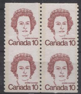 Canada #605iii 10c Carmine QE2 Caricature Coil Unservered Block F-65 NH