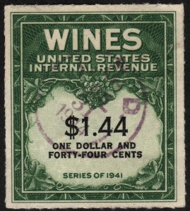 RE147 $1.44 Wine Revenue Stamp (1942) Used/CDS