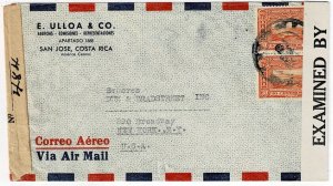 Costa Rica 1940's San Jose cancel on airmail cover to the U.S., dual censors