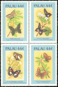 Palau #121Ef, Complete Set, Block of 4, 1987, Butterflies, Never Hinged