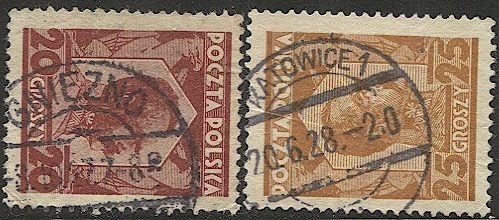 POLAND 1927-28 Sc 242,250 Used SOTN postmarks/cancels, VF Marshal Pilsudski